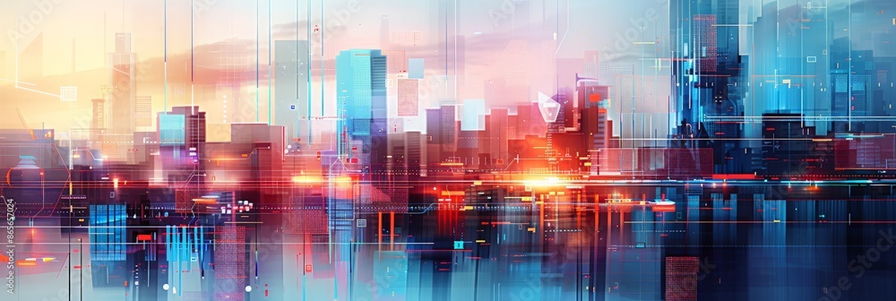 Fototapeta premium Abstract digital cityscape with data lines glowing points representing a network. Futuristic urban environment with advanced technological elements