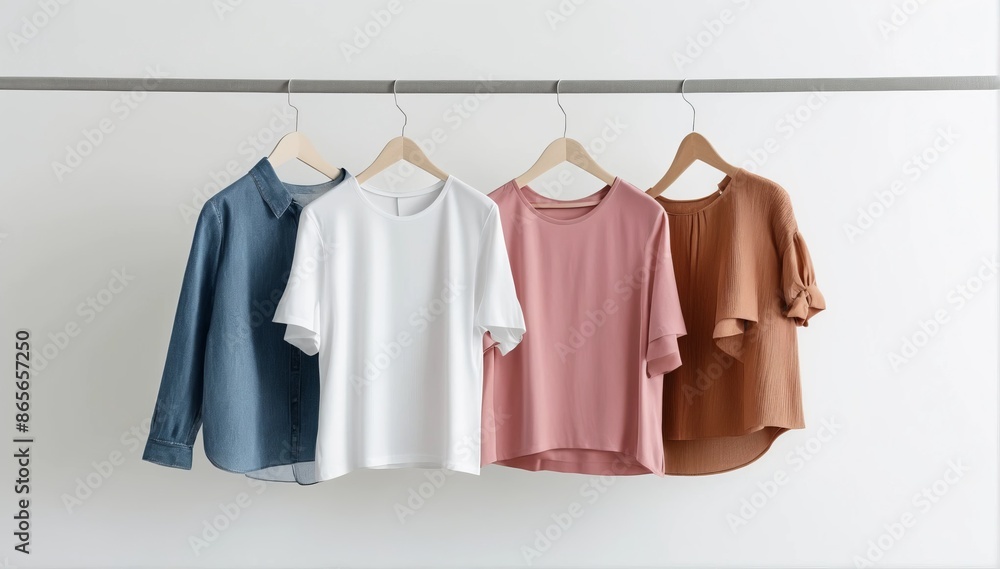 Banner the concept of minimalist fashion clothes. Women's blouses and t-shirts on a hanger on a white background with copy space. Fashion blog, website, social media post. Banner the concept of minimalist fashion clothes. Women's blouses and t-shirts on a hanger on a white background with copy space. Fashion blog, website, social media post.