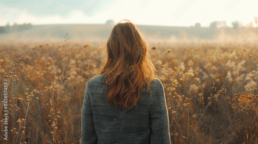 A woman stands in a field of tall grass, with the sun shining down A woman stands in a field of tall grass, with the sun shining down