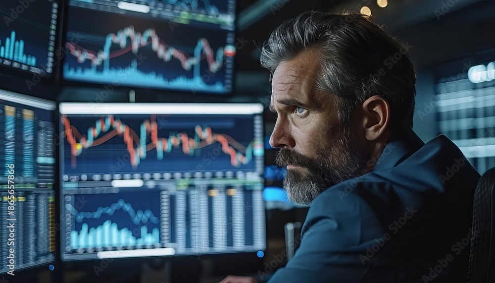Financial analysts in a sleek office, studying multiple monitors displaying realtime stock charts and market trends Financial analysts in a sleek office, studying multiple monitors displaying realtime stock charts and market trends