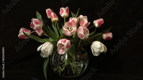 A beautiful vase filled with fresh pink and white tulips, perfect for any occasion