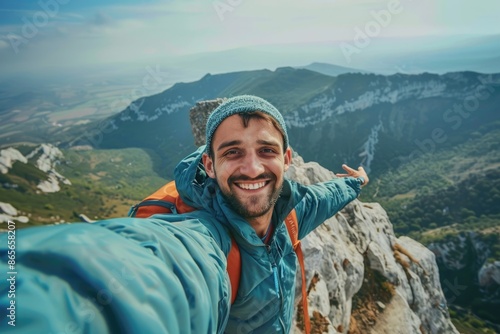 A person taking a photo of themselves on top of a mountain