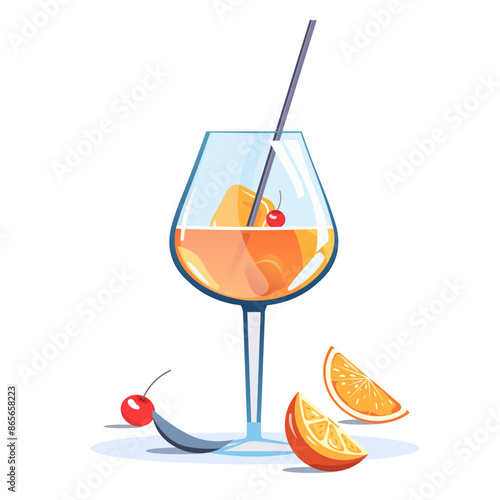 Tropical cocktail vector illustration. Glass of alcohol cocktail on a white background, slices of citruses near. Vector design element.
