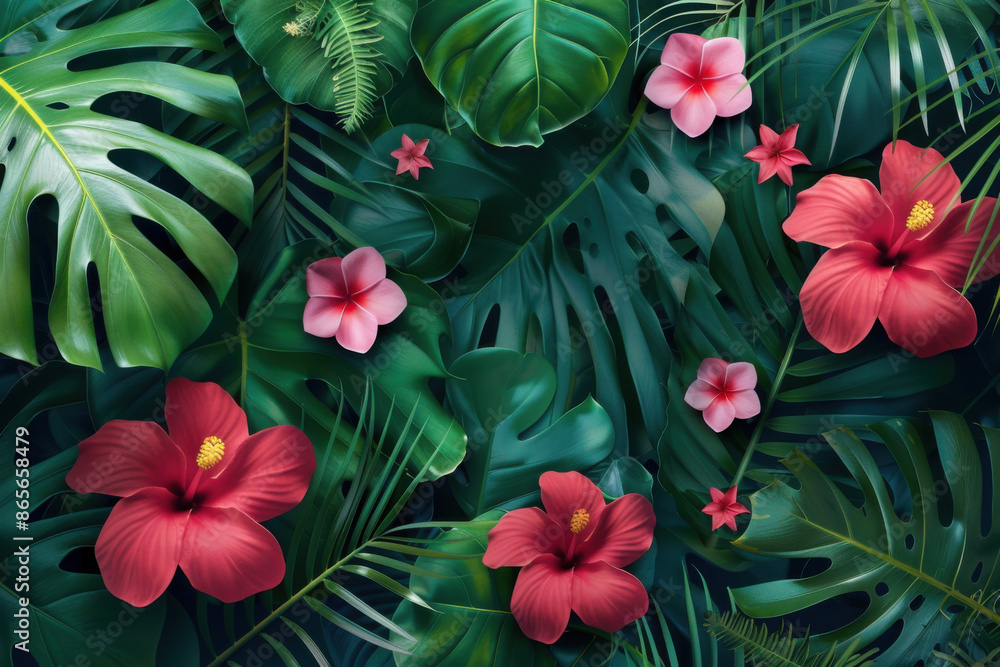 tropical background, beautiful dark green palm and monstera leaves, hibiscus and frangipani flowers tropical background, beautiful dark green palm and monstera leaves, hibiscus and frangipani flowers