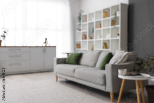 Blurred view of living room with grey sofa and bookshelf
