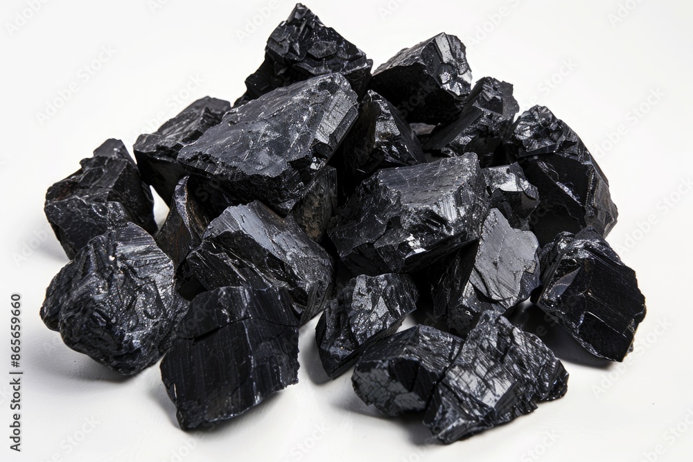 A pile of black coal sitting on a white surface, ideal for use in illustrations or designs related to mining, industry, or the environment A pile of black coal sitting on a white surface, ideal for use in illustrations or designs related to mining, industry, or the environment