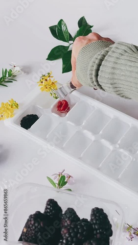 woman creating, flower ice cubes, fruit ice cubes, diy ice cubes, still life, hands, close-up, step-by-step, artisanal, homemade, creative, detailed, floral, fresh, vibrant, colorful, summer, refreshi photo