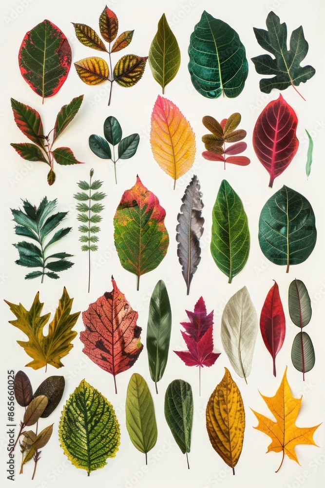 A collection of colorful leaves scattered on a white background A collection of colorful leaves scattered on a white background