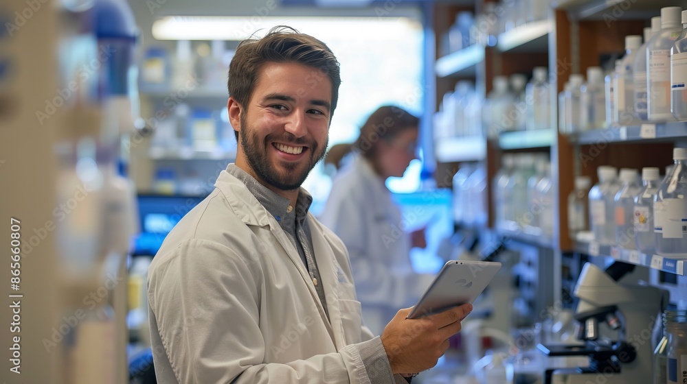 Lab technician smiling while working in a modern laboratory. The image is professionally styled, depicting a scientific research environment. Perfect for illustrating science and research topics. AI Lab technician smiling while working in a modern laboratory. The image is professionally styled, depicting a scientific research environment. Perfect for illustrating science and research topics. AI