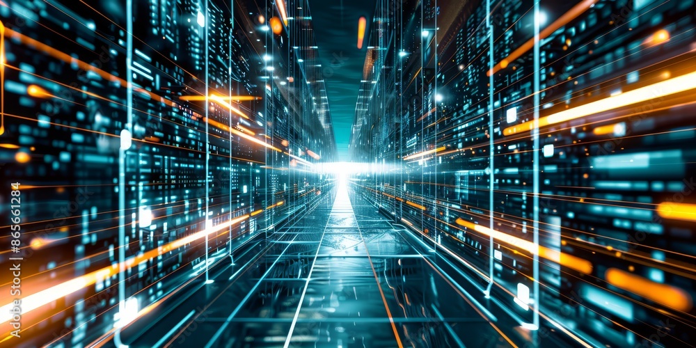 Futuristic data center with glowing lights and high-speed data flow, representing modern technology and digital innovation in a cyber environment Futuristic data center with glowing lights and high-speed data flow, representing modern technology and digital innovation in a cyber environment