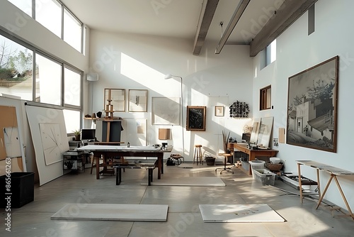 A modern, minimalist art studio with stylish decor and natural light