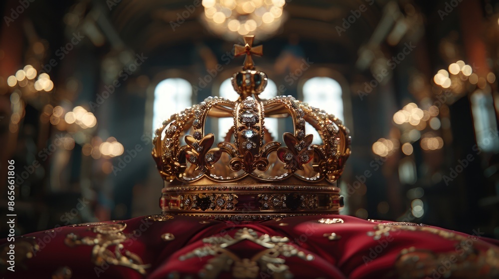A crown sits atop a vibrant red cushion A crown sits atop a vibrant red cushion