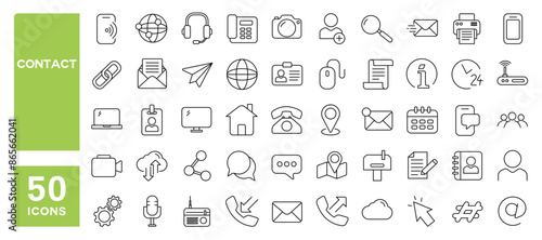 Set of 50 line icons related to contact, e-mail, address, phone, communication, Editable stroke. Vector illustration