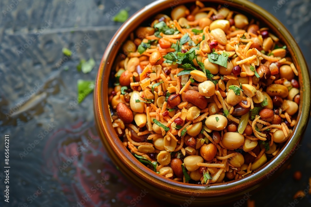 A tasty mix of sev peanuts chickpeas and fried lentils A tasty mix of sev peanuts chickpeas and fried lentils