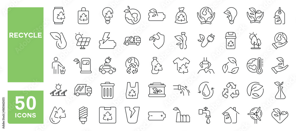 Set of 50 line icons related to recycle, garbage, organic waste, eco, trash, Editable stroke. Vector illustration Set of 50 line icons related to recycle, garbage, organic waste, eco, trash, Editable stroke. Vector illustration