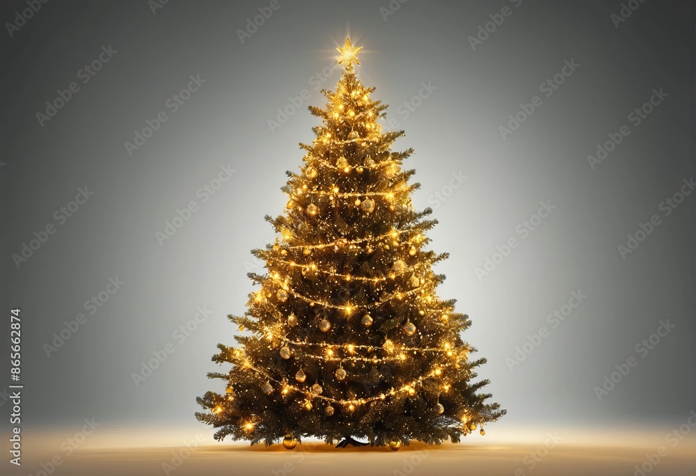 Shimmering Christmas tree with golden lights on grey background. A New Year's card with a place for the text. Shimmering Christmas tree with golden lights on grey background. A New Year's card with a place for the text.