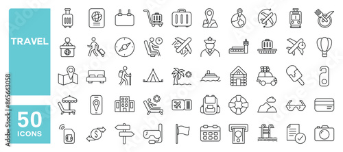 Set of 50 line icons related to travel, luggage, tour, summer vacations, tourism, Editable stroke. Vector illustration
