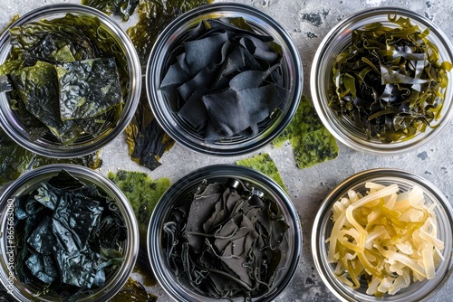 Aerial view of dried seaweed types photo