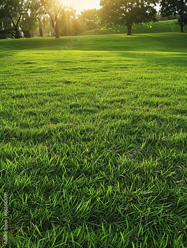 Green Grass Field inPublic Park at SunsetTrees and Blue Sky photo