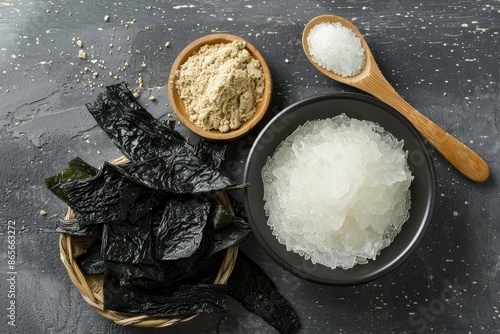 Aerial view of ingredients for Thai cooking agar agar powder and dried seaweed photo