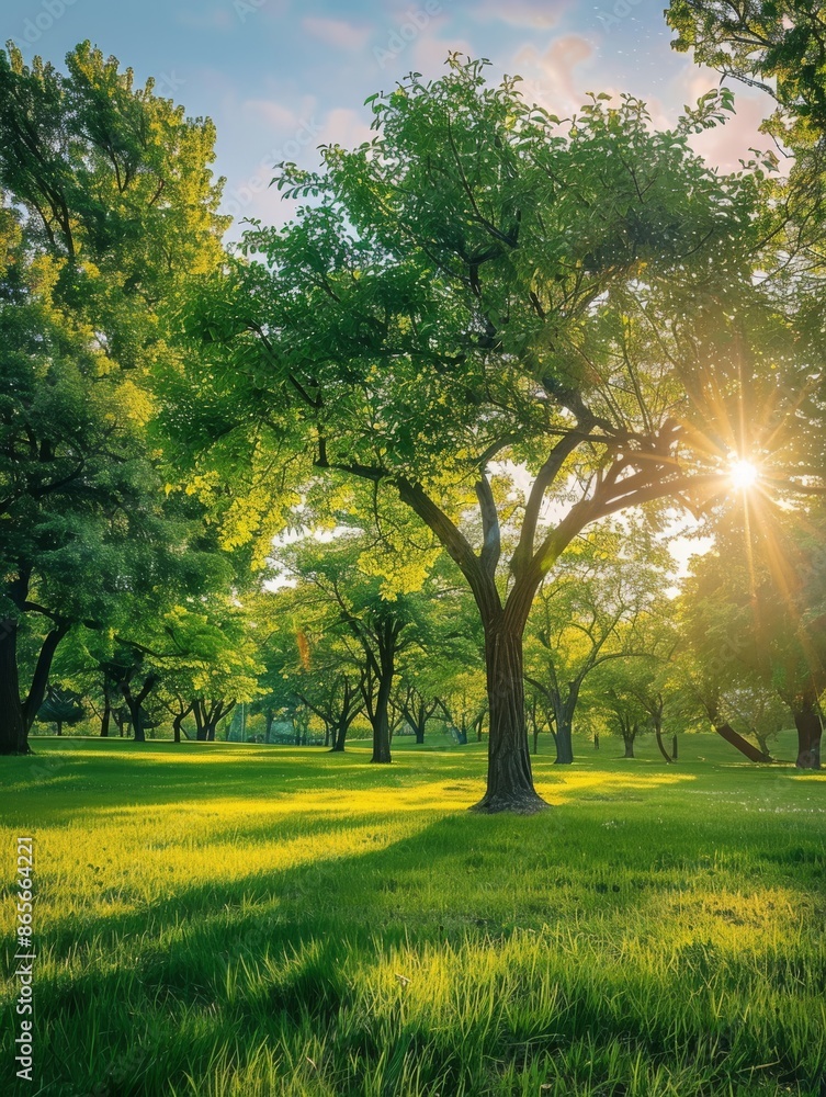 Park Landscape SceneTree, Green Grass, and Blue Sky on Sunny Day
