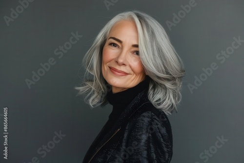 confident middleaged woman with silver hair stylish outfit natural makeup warm smile studio lighting on grey backdrop © Jelena