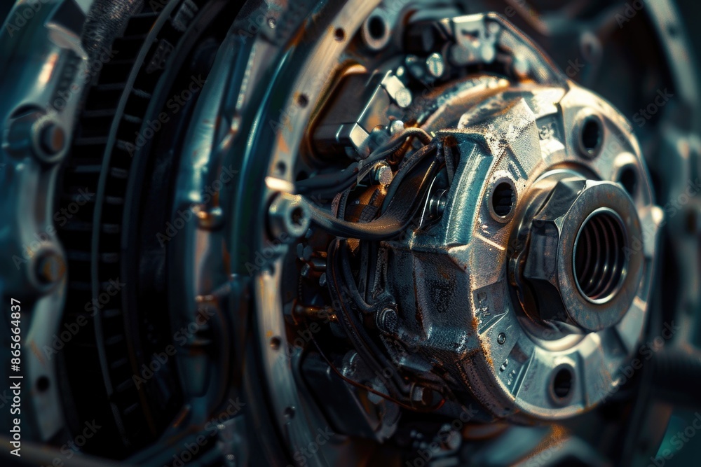 A close-up view of a machine's engine with detailed mechanical components A close-up view of a machine's engine with detailed mechanical components