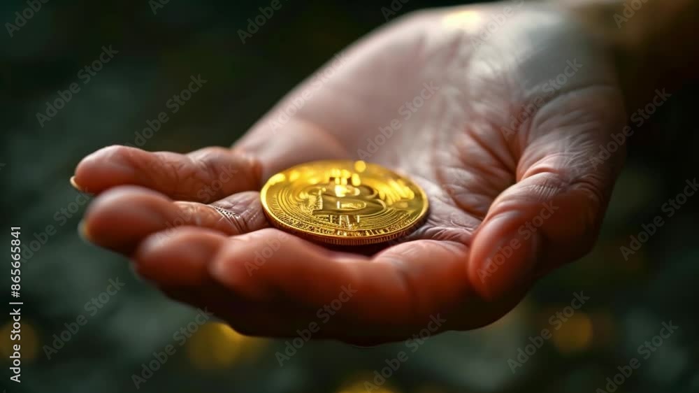 This persons hand holds a single Bitcoin. Funding concept This persons hand holds a single Bitcoin. Funding concept