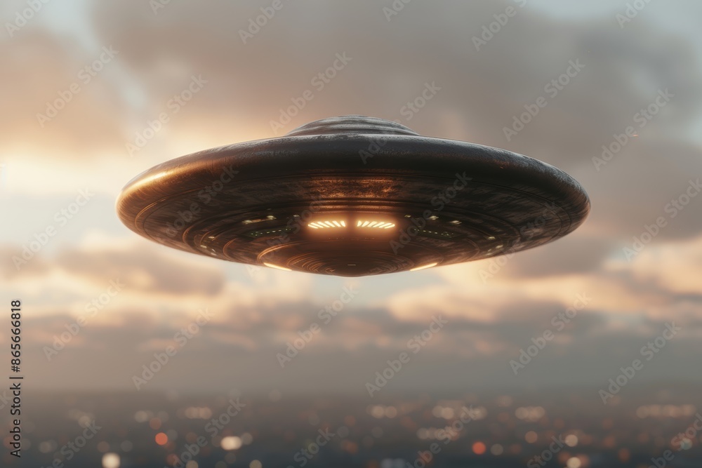 Unidentified flying object hovering over a city at sunset Unidentified flying object hovering over a city at sunset
