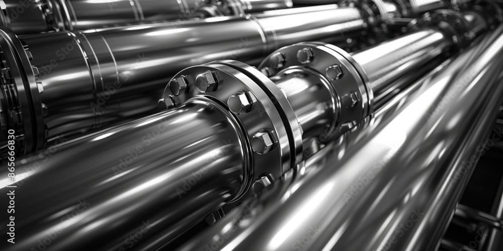 Industrial Photography, Stainless Steel Pipes, Black and White, Close-Up of Shiny Stainless Steel Pipes, Monochrome Industrial Background Industrial Photography, Stainless Steel Pipes, Black and White, Close-Up of Shiny Stainless Steel Pipes, Monochrome Industrial Background
