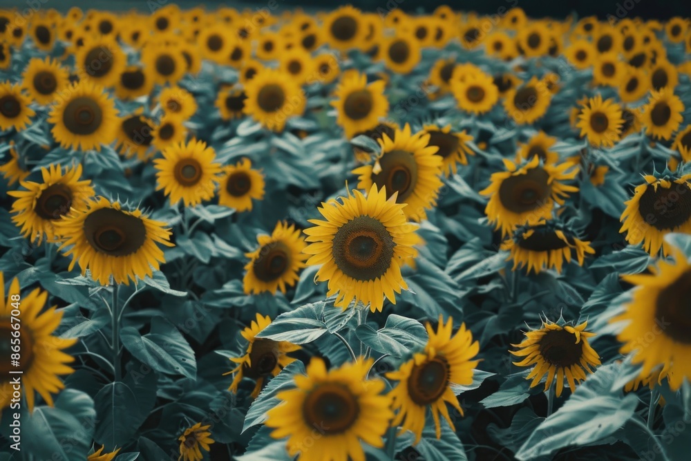 Fototapeta premium A scenic view of a vast field of sunflowers stretching towards the clear blue sky