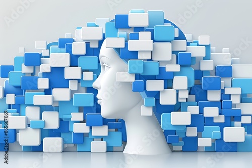 Abstract profile of a head composed of blue and white digital squares, symbolizing modern technology, creativity, and artificial intelligence