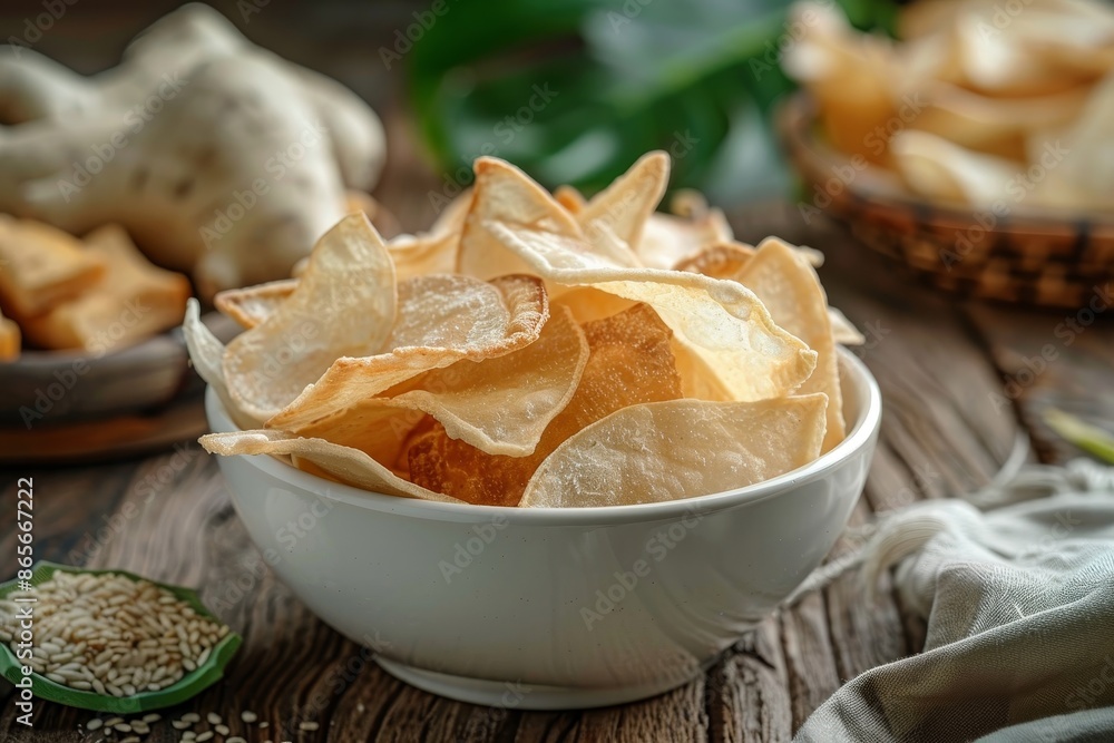 Cassava chips a traditional snack from Java thinly sliced cassava fried and served in a white bowl Cassava chips a traditional snack from Java thinly sliced cassava fried and served in a white bowl