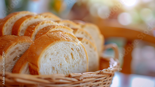 Basket of Freshly Baked Bread Slices, Capture the warmth and freshness of bakery products with a vibrant photo. photo