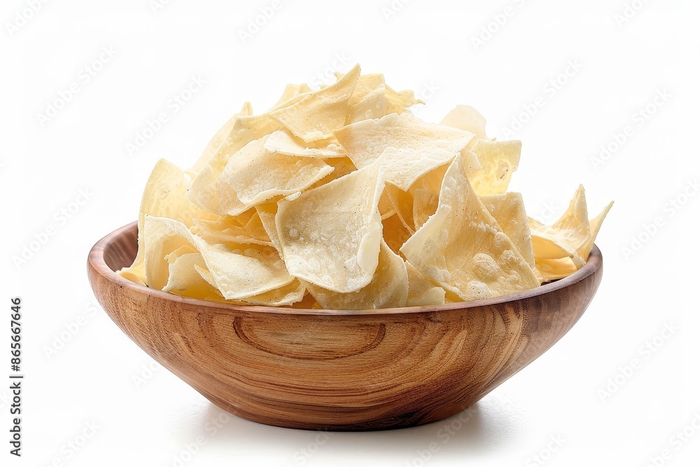 Cassava chips in a wooden bowl on a white background Cassava chips in a wooden bowl on a white background