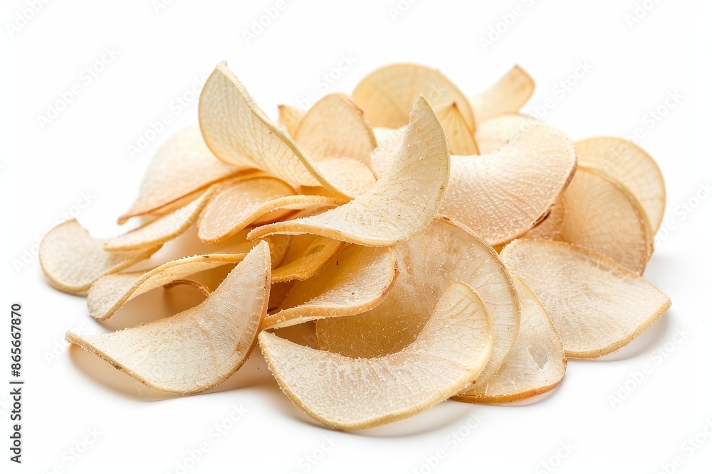 Cassava chips made of thinly sliced and fried cassava on white background Cassava chips made of thinly sliced and fried cassava on white background