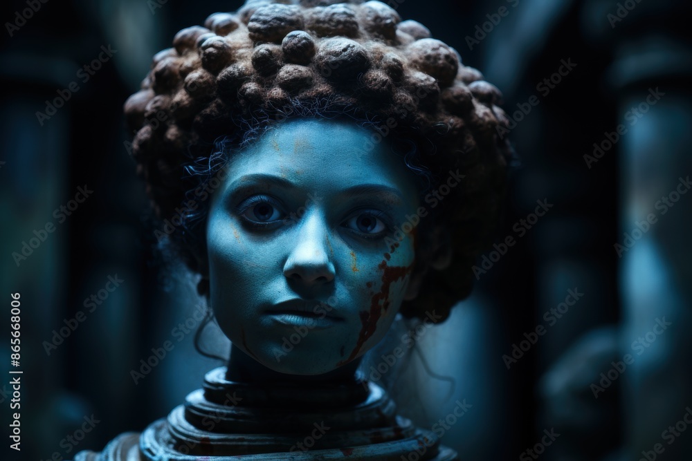 Mysterious blue-toned portrait of a person with curly hair and face paint Mysterious blue-toned portrait of a person with curly hair and face paint