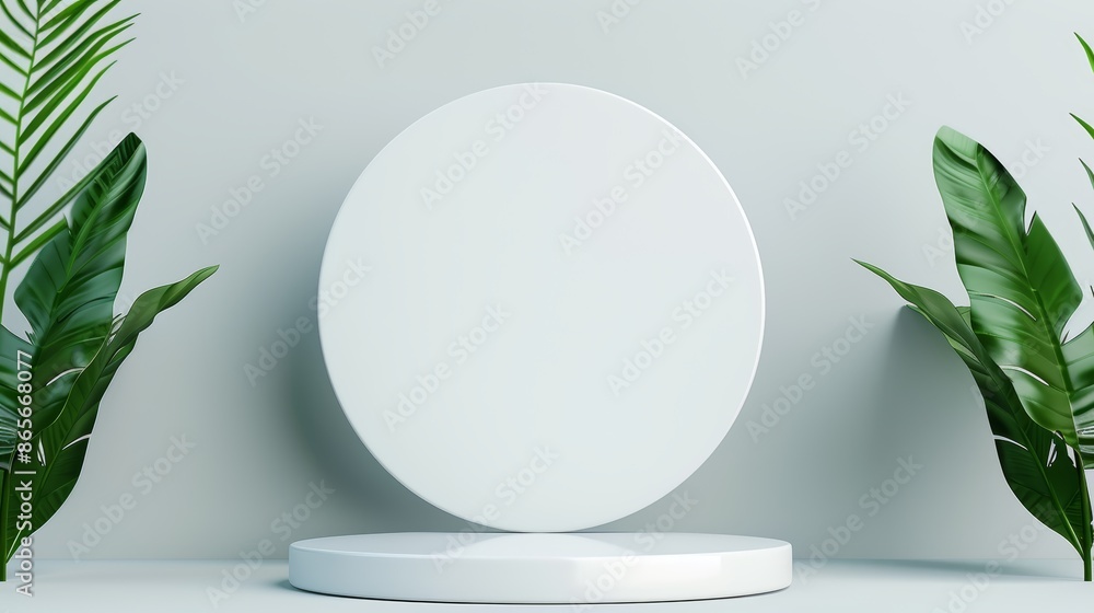 Round white podium adorned with vibrant green leaves, minimalist beauty product display with ample copy space, perfect for cosmetics concept mockups Round white podium adorned with vibrant green leaves, minimalist beauty product display with ample copy space, perfect for cosmetics concept mockups