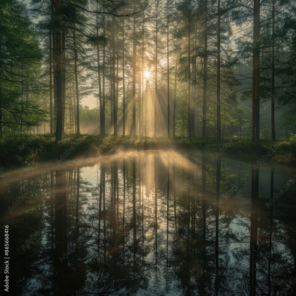 Obraz premium Enchanting forest landscape with sun rays and reflection