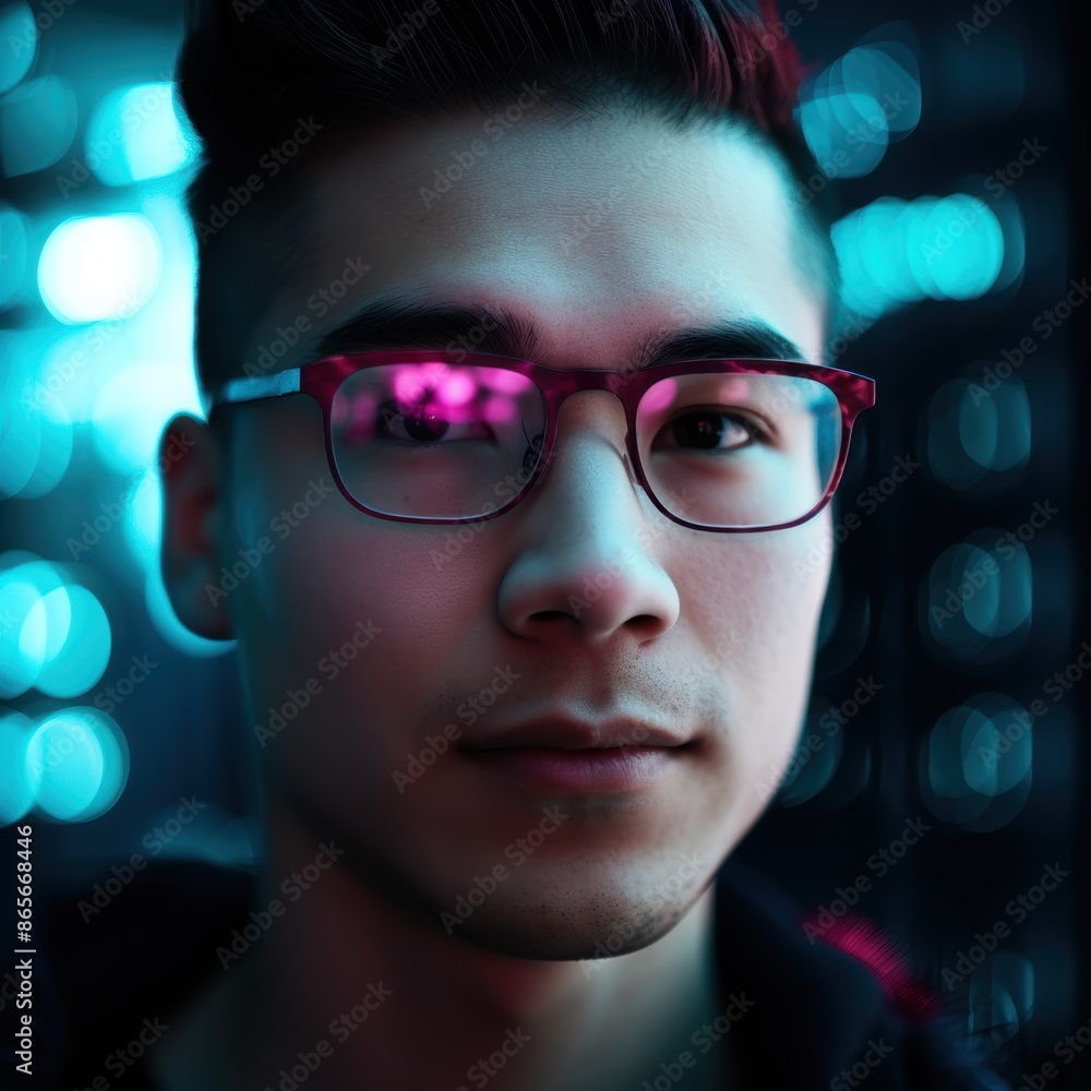 Thoughtful young man in glasses against blurred lights Thoughtful young man in glasses against blurred lights