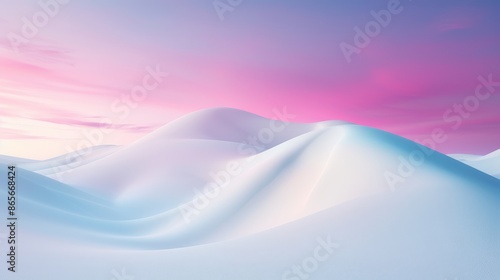 Serene winter landscape with smooth snow-covered hills, an enchanting sunset sky in vivid colors, casting a magical glow, peaceful and calming scene