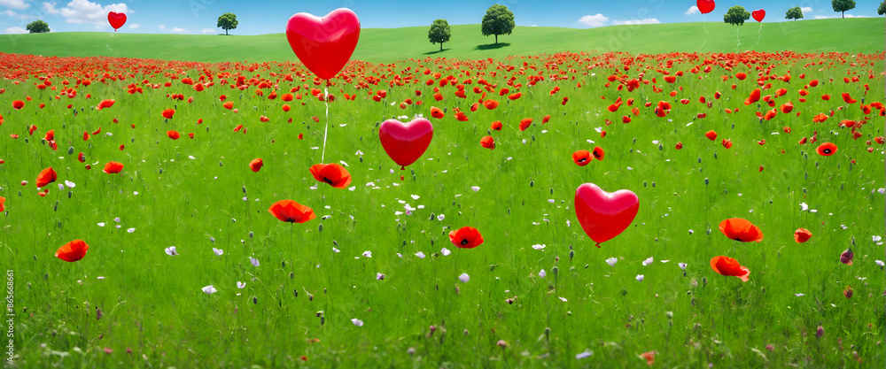 Valentines day. Heart shaped balloons floating over meadow Valentines day. Heart shaped balloons floating over meadow