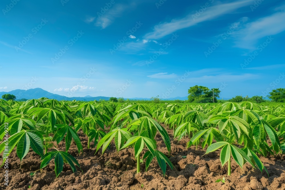 Cassava field in clear sky on a sunny day Agriculture concept Cassava field in clear sky on a sunny day Agriculture concept