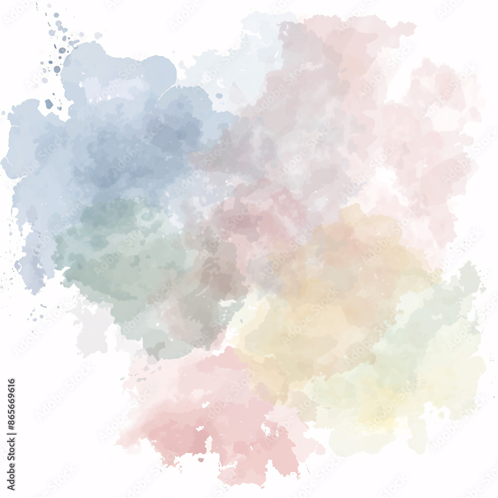 Abstract Pastel Watercolor Splashes on White Background, Soft Color Blend of Pink, Blue, Yellow, and Green for Artistic and Creative Designs Abstract Pastel Watercolor Splashes on White Background, Soft Color Blend of Pink, Blue, Yellow, and Green for Artistic and Creative Designs