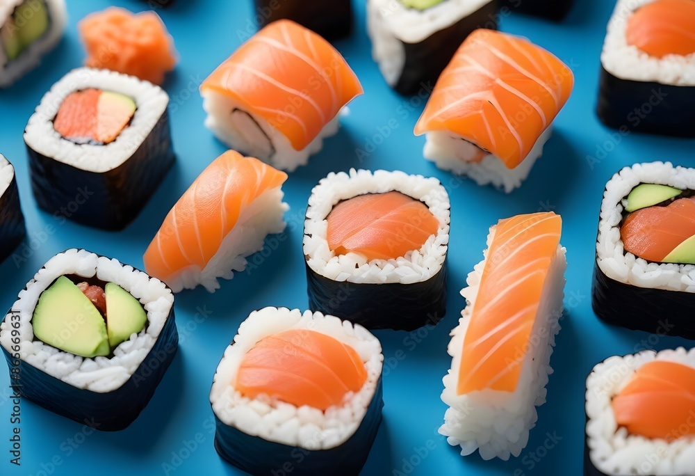 Variety of delicious sushi and sashimi pieces on warm pastel blue background Variety of delicious sushi and sashimi pieces on warm pastel blue background