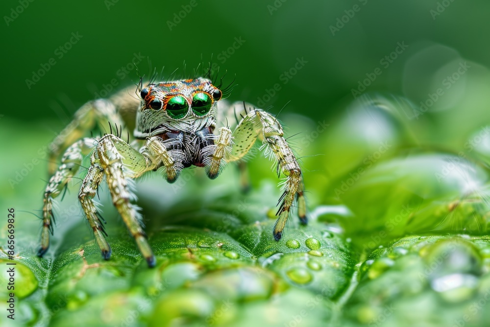 Fototapeta premium Green leaf jumper spider close-up