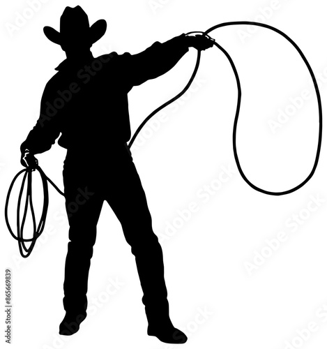 Silhouette of a cowboy with a lasso rope, in black, isolated 