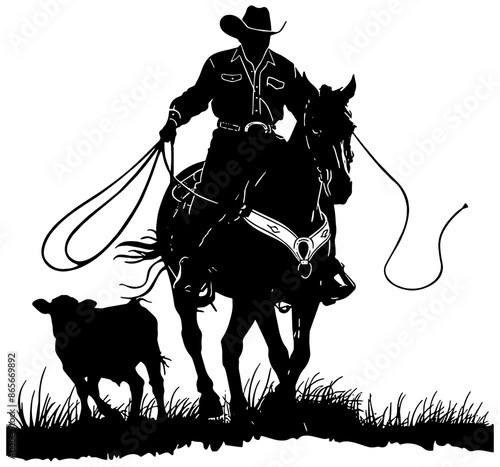 Silhouette of a cowboy on a horse roping cattle, in black, isolated 