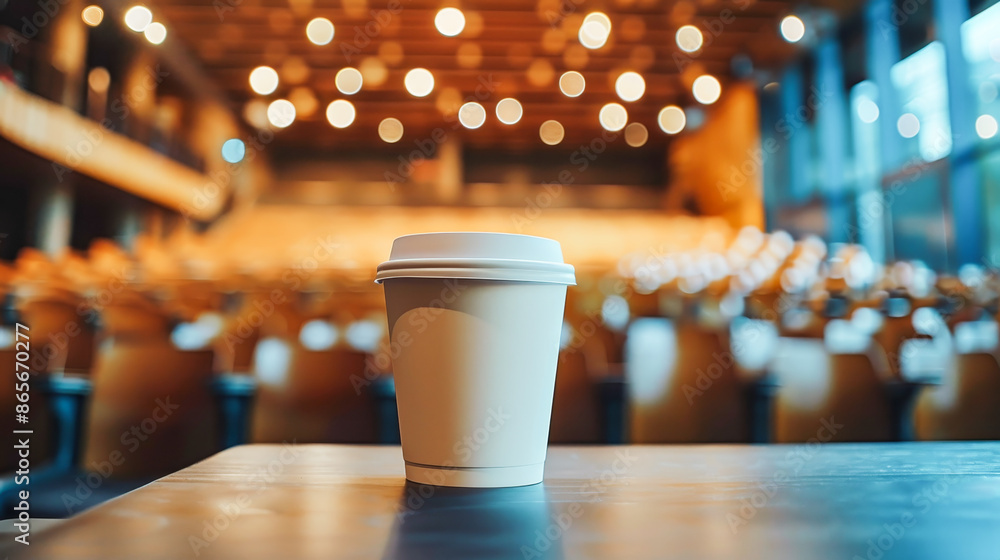 Mock up coffee cup. White paper cup on table in an empty university auditorium. Blurred background with seats, sense of anticipation for the upcoming event. Copy space Mock up coffee cup. White paper cup on table in an empty university auditorium. Blurred background with seats, sense of anticipation for the upcoming event. Copy space