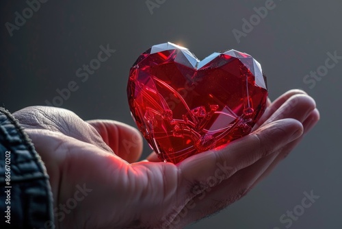 A person holds a heart-shaped crystal in their hand, possibly for good luck or as a symbol of love photo